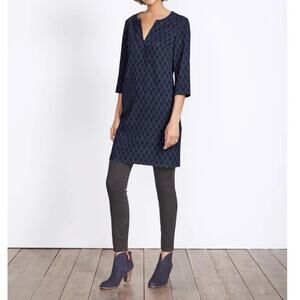 Boden Deep Blue Geometric Easy Notch Neck Shift Dress, 3/4 Sleeve, Size 4